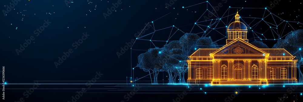 Poster digital architecture, university building rendered as a wireframe in a virtual network environment.