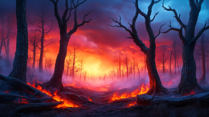 Fiery Landscape with Dark Trees and Dramatic Sky at Dusk in an Enchanted Forest