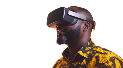 Smiling man exploring metaverse using virtual reality headset with transparent background