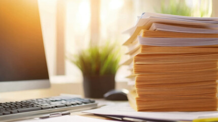Fototapeta premium stack of neatly organized documents and folders on desk, with computer and plant in background, creating productive workspace atmosphere