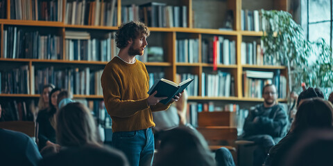 Author presenting their own book for the fans. Writer reading their book to the audience.
