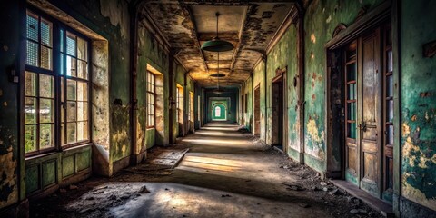 Fototapeta premium Dark corridor with a window in an abandoned building
