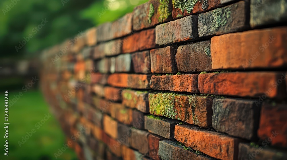 Poster a weathered brick wall adorned with vibrant green moss creating a rustic and tranquil atmosphere tha
