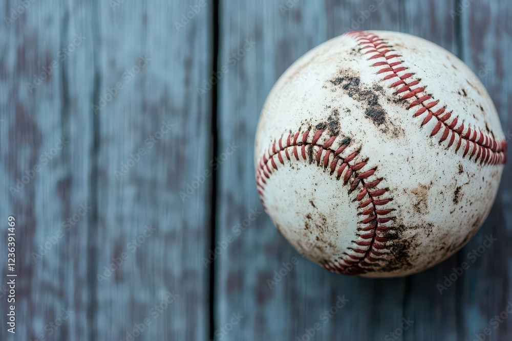 Poster a rustic baseball resting on a natural wooden surface highlighting the textures and colors of the sp