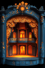 Obraz premium Elegant theater stage with ornate gold and blue decor illuminated by warm light