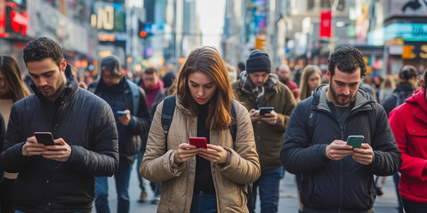 Crowd of people walking on a busy city street. People holding phones and looking at screens. Digital detox and addiction to social media concept.