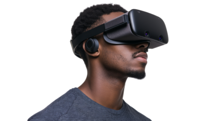 Young man wearing vr headset and experiencing virtual reality on transparent background