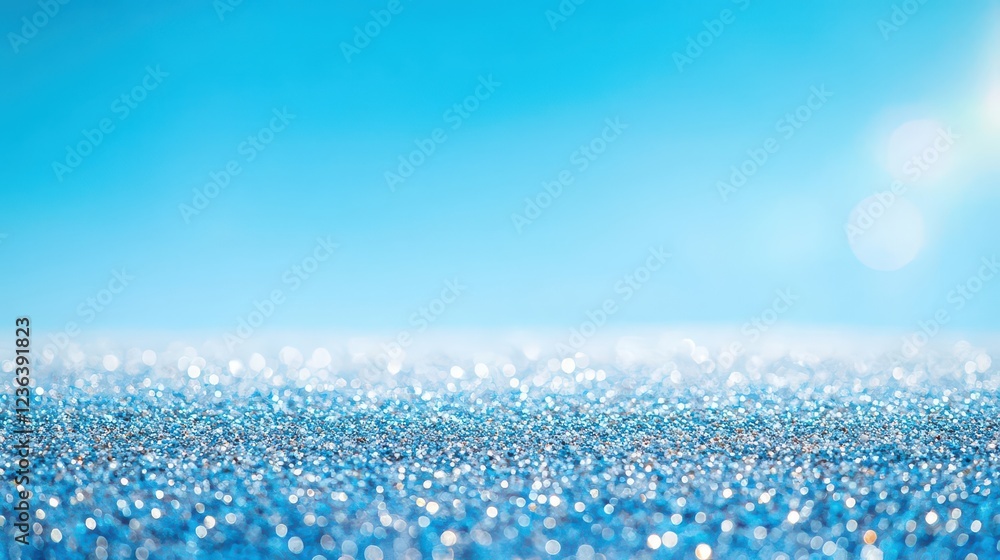 Poster bright sun illuminating a sparkling blue glitter background creating a vibrant and cheerful atmosphe