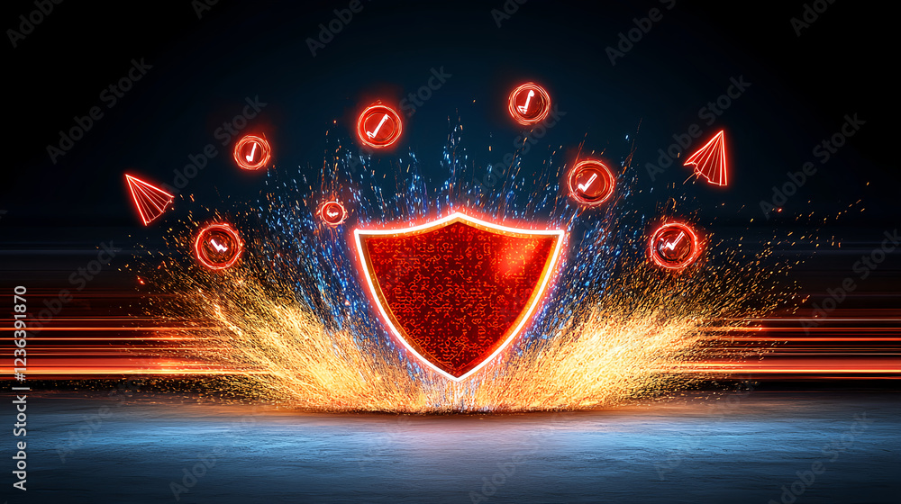 Poster cybersecurity protection shield digital realm graphic design high-tech environment dynamic viewpoint