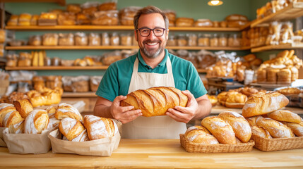 Baker proudly displays freshly baked loaves at local bakery