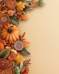 Fototapeta premium Crafted Colorful Seasonal Paper Quilling Techniques of A vibrant autumn arrangement featuring pumpkins, leaves, and flowers in warm tones, perfect for seasonal decor and celebrations.