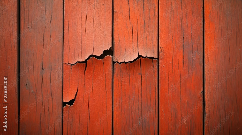 Poster weathered red wood wall with peeling paint exuding rustic charm and timeless beauty in a captivating