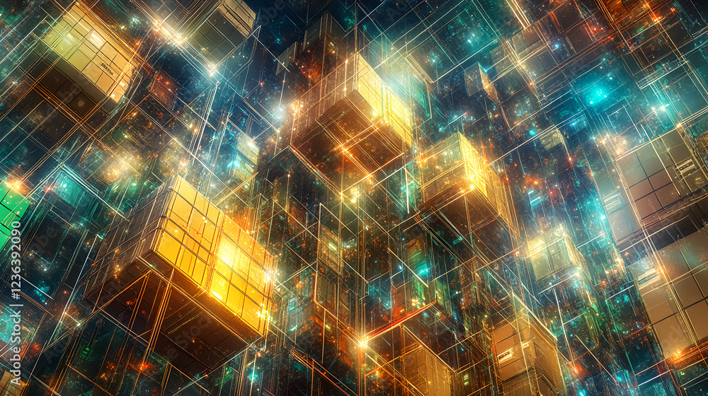 Poster exploring digital cubes virtual reality lab 3d visualization abstract aerial view futuristic design