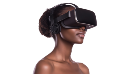 Woman wearing virtual reality headset exploring metaverse on transparent background