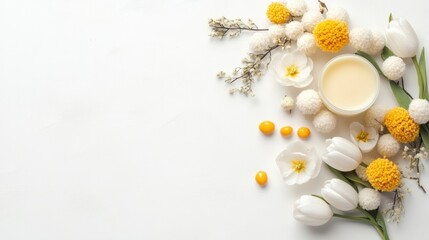 Floral arrangement with cream, yellow flowers, and a skincare product