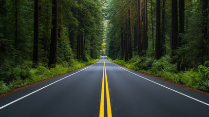 Obraz premium straight road stretching through lush forest, surrounded by tall trees and greenery, invites sense of adventure and tranquility