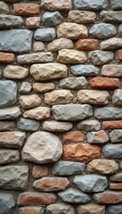 Obraz premium This captivating stone wall features an intricate arrangement of variously shaped stones in shades of gray, beige, and terracotta. The unique textures and colors create a rustic charm, perfect for