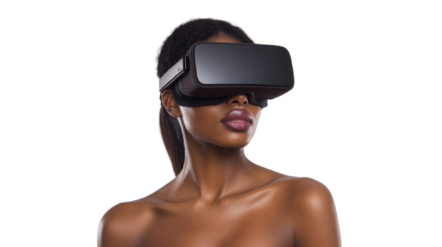 Beautiful young woman wearing virtual reality headset on transparent background