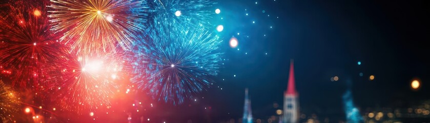 Fototapeta premium Vibrant Fireworks Illuminating the Night Sky over a Festive Cityscape Creating a Joyful and Celebratory Atmosphere for Spectators Below