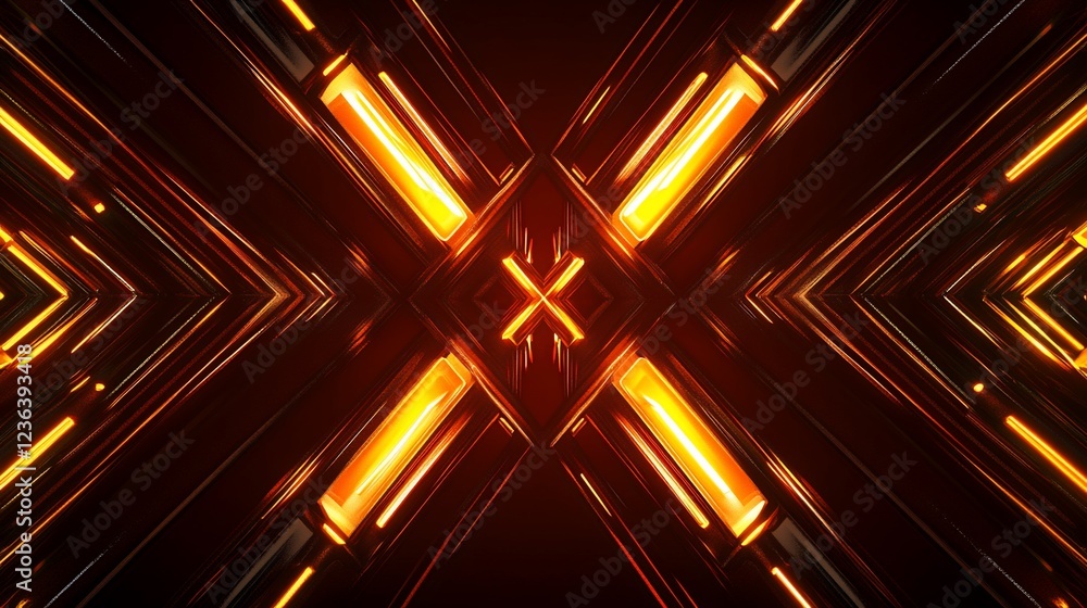 Poster abstract geometric pattern with golden lights and dark red tones symmetrical design