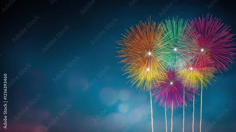 Aufkleber Vibrant Display of Colorful Fireworks Exploding in a Night Sky with Deep Blue Background Creating a Joyful and Celebratory Atmosphere for Events