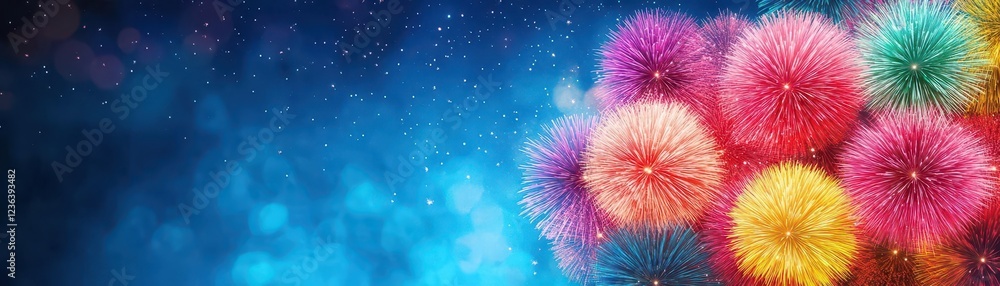Poster vibrant and colorful fireworks bursting in the night sky over a deep blue background creating a fest