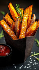 Crispy sweet potato fries with sea salt, served with ketchup on a white plate, soft natural light in food photography

