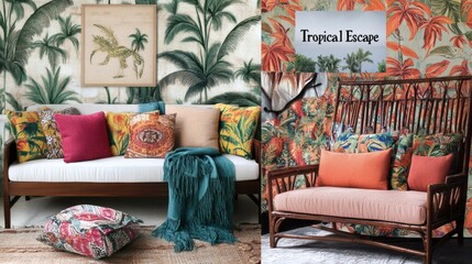 Tropical Escape Luxurious Living Room Decor with Palm Leaf Wallpaper and Vibrant Textiles