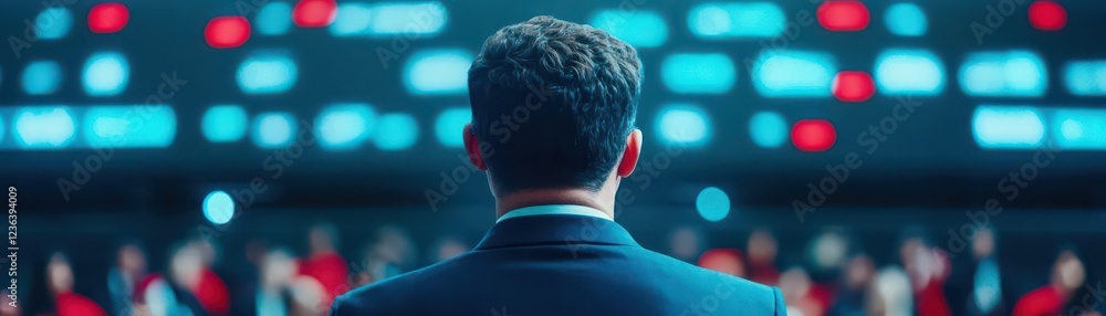 Poster Professional Man in Formal Suit Intently Observing Digital Screen Displaying Data in Modern Office Environment with Focused and Determined Expression