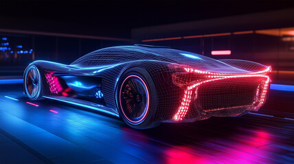 光の軌跡を描くデジタルワイヤーフレームの電気自動車