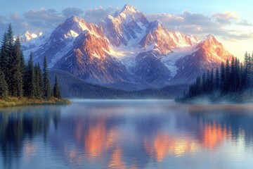 Fototapeta premium Majestic Mountains Reflecting in a Calm Lake at Sunrise