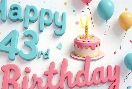 Happy 43rd Birthday Celebration with Pastel Theme, Balloons, Confetti, and Cake

