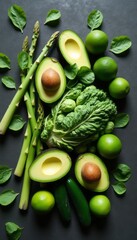 A vibrant assortment of fresh green vegetables and fruits, including avocados, limes, asparagus, and spinach, creates a visually stunning display. This healthy composition celebrates the beauty of