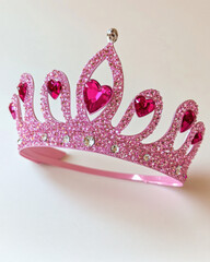 Cute pink tiara with glitter and heart shaped gems, perfect for celebrations