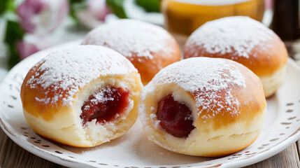 Tradycyjne pączki z cukrem pudrem.