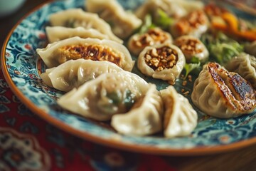 A plate of dumplings with varied toppings, a popular Asian appetizer. Includes steamed noodles with vegetables and sauce.
