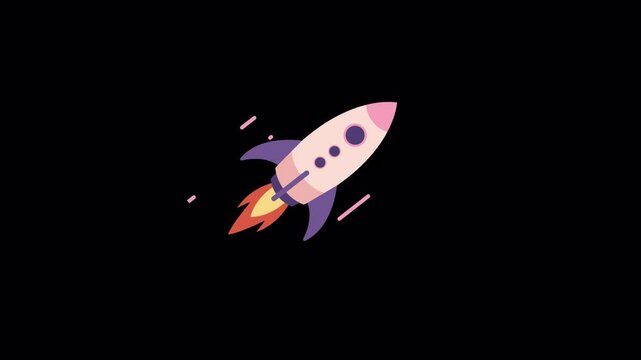 Looped Purple Rocket Fly Animation on Transparent Background | Vector Art with Alpha Channel.4K