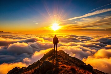 Fototapeta premium Majestic Wanderer on a Distant Peak at Sunrise