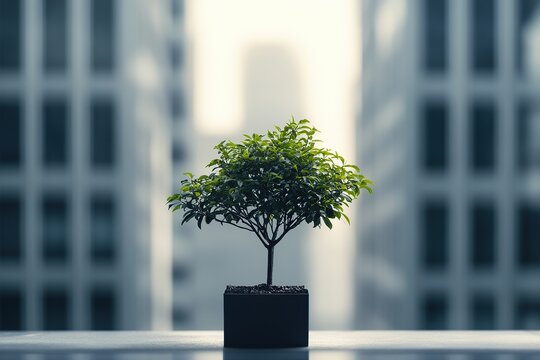 Green sprout growing in soil against business buildings background