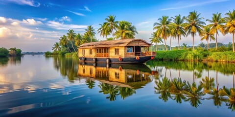 Houseboat floating on serene backwaters of Alappuzha, lake, reflection,  lake, reflection, alappuzha, solitude