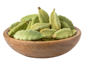 wooden bowl filled with dried green cardamom pods, aromatic whole spice, organic seasoning, gourmet cooking ingredient, on isolated background
