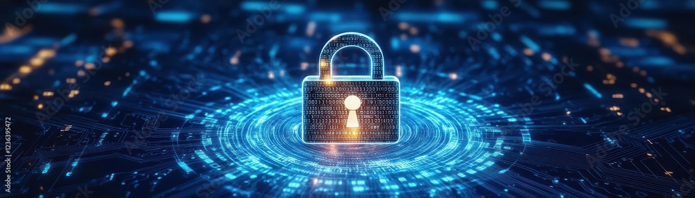 Poster Intricate Lock Mechanism Embedded in a Complex Circuitry Surrounded by a Radiant Glowing Aura Symbolizing Security and Technology in Modern Innovation