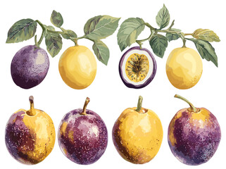 Passion Fruit in Vintage Art with Soft Faded Yellow and Purple Tones, Showcasing the Beauty of Natural Colors and Crafting a Rich, Timeless Visual Narrative