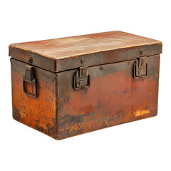 A heavily rusted vintage metal storage box or antique trunk featuring distressed orange surfaces is prominently isolated on a clean transparent