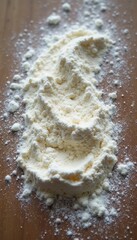 Obraz premium A soft, textured mound of flour is elegantly spread across a rustic wooden surface, creating a beautiful contrast. The fine grains of flour catch the light, evoking a sense of warmth and inviting