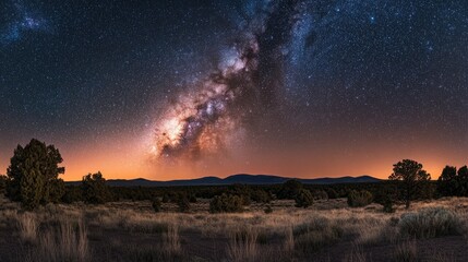 Desert landscape at night, Milky Way galaxy above, starry sky, distant mountains, potential use travel/astronomy