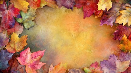 Autumn leaves frame, fall colors, textured background, nature scene, seasonal design