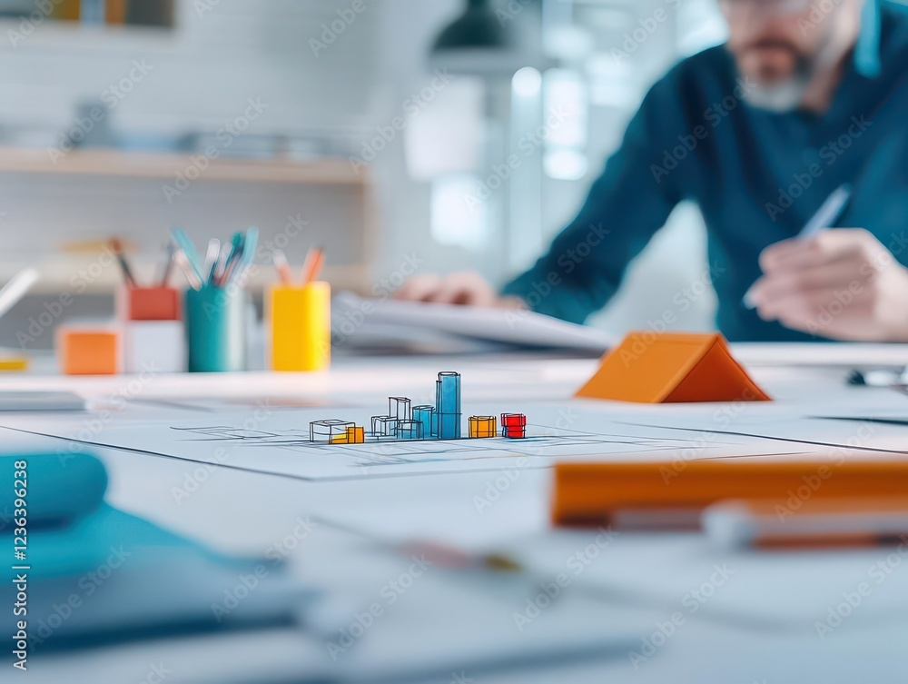 Poster Focused Man Analyzing Detailed Blueprint in Bright Workspace Surrounded by Drafting Tools Creating a Productive and Innovative Design Environment