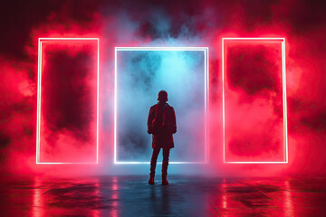 Futuristic neon silhouette with vibrant red and blue lighting atmosphere