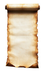 Empty old open parchment scroll, blank antique vertical paper banner, transparent background PNG